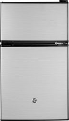 GE Mini Fridge With Freezer | 3.1 Cubic Ft. | Double-Door Design With Glass Shelves, Crisper Drawer & Spacious Freezer | Small Refrigerator Perfect for the Garage, Dorm Room, or Bedroom | Clean Steel