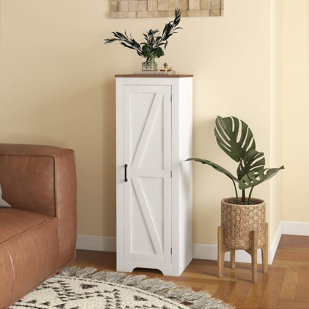 HOMCOM Farmhouse Storage Cabinet with Adjustable Shelf, Single Barn Door Small Bathroom Storage Cabinet for Living Room, Floor Pantry Cabinet, White