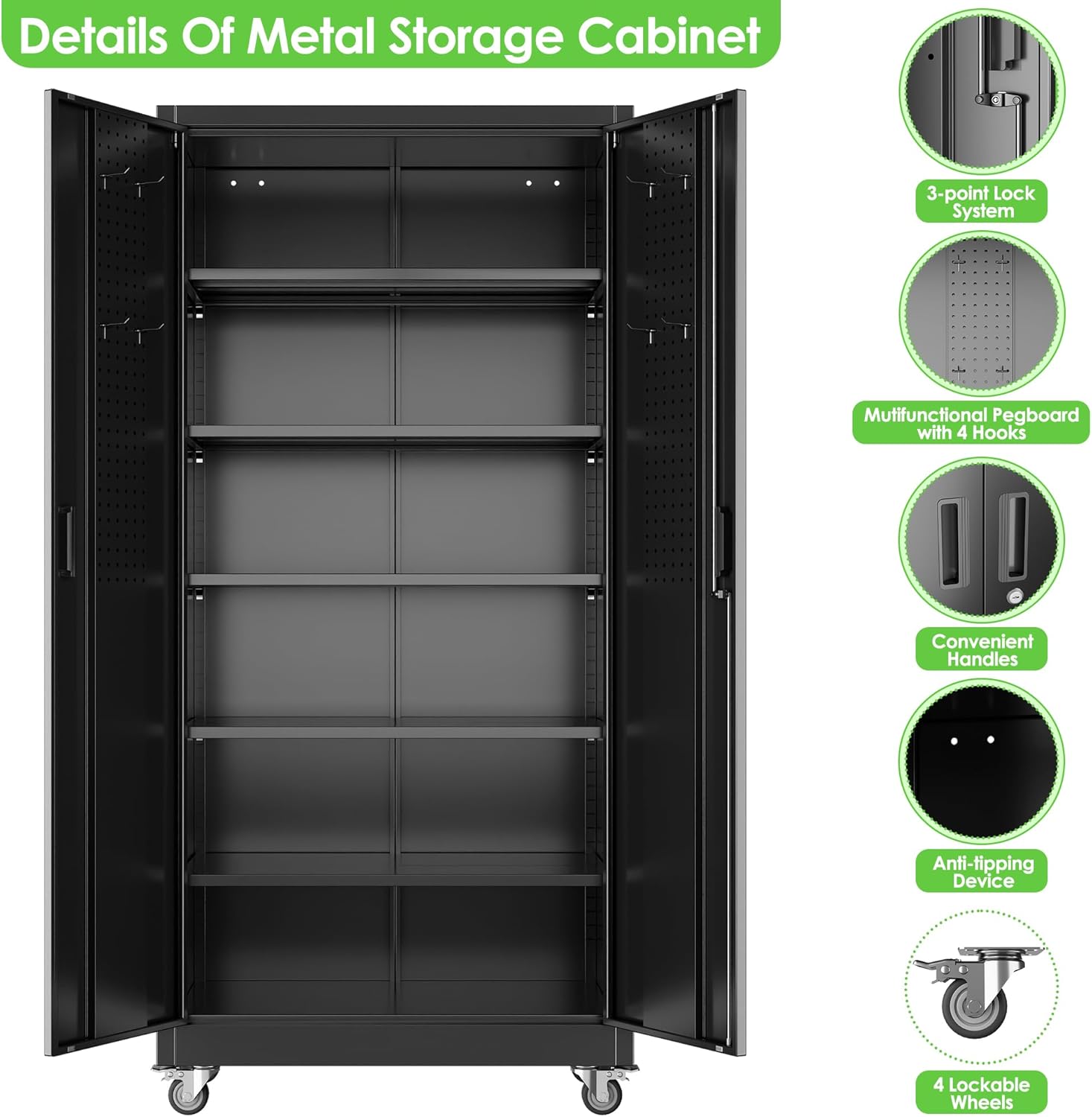 Garage Storage Cabinet with Wheels and Pegboard, Lockable Metal Storage Cabinet with 5 Adjustable Shelves and 4 Hooks for Garage,Warehouse, Assembly Required, Black, 71" H x 34" W x 18" D