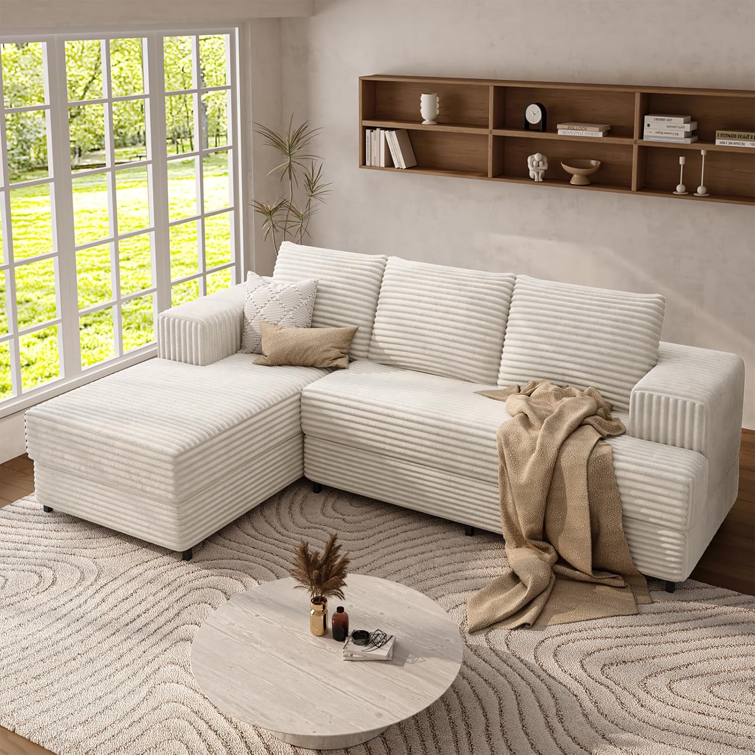 106" Cloud Modular Sectional Sofa with Chaise Lounge, No Assembly L Shaped Couch with Iron Frame, Modern Fluffy Corduroy Couches for Living Room, Bedroom, Office, Left Facing Chaise, White