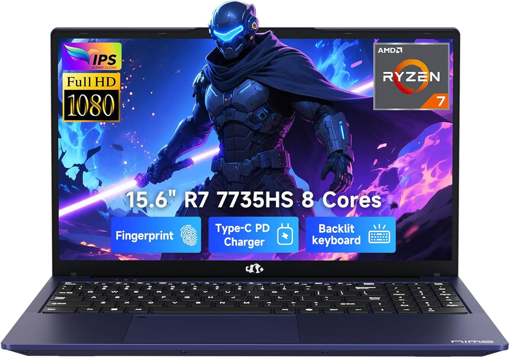 NIMO 2025 Gaming Laptop  15.6" FHD Laptop with AMD R7 7735HS (Beat i7-12650H  Up to 4.75GHz)  16GB DDR5 RAM 512GB SSD Computer with Radeon 680M 100W Type-C Backlit KB Fingerprint