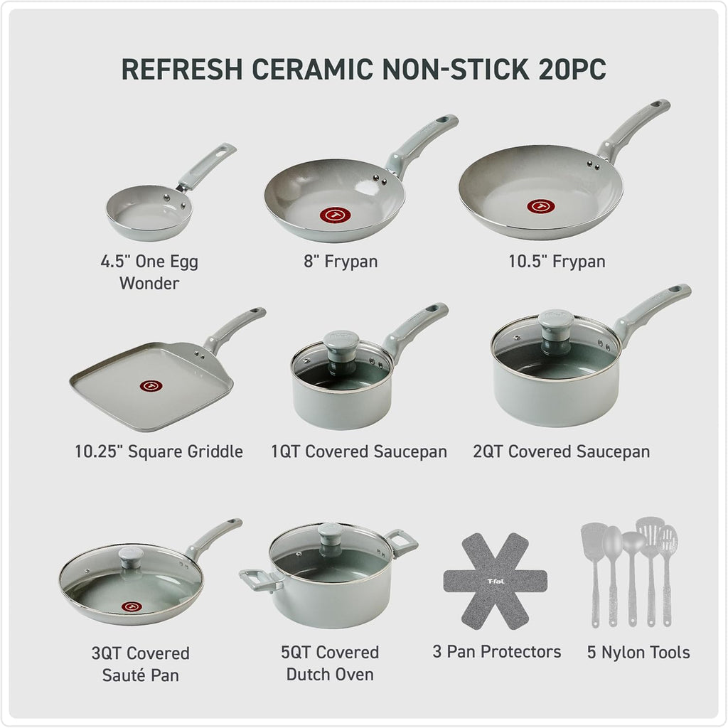 T-Fal Refresh Ceramic Pots and Pans Set, 20-Piece Nonstick Cookware Set, Stockpot, Griddle, Frying Pans, Utensils, Moon Grey