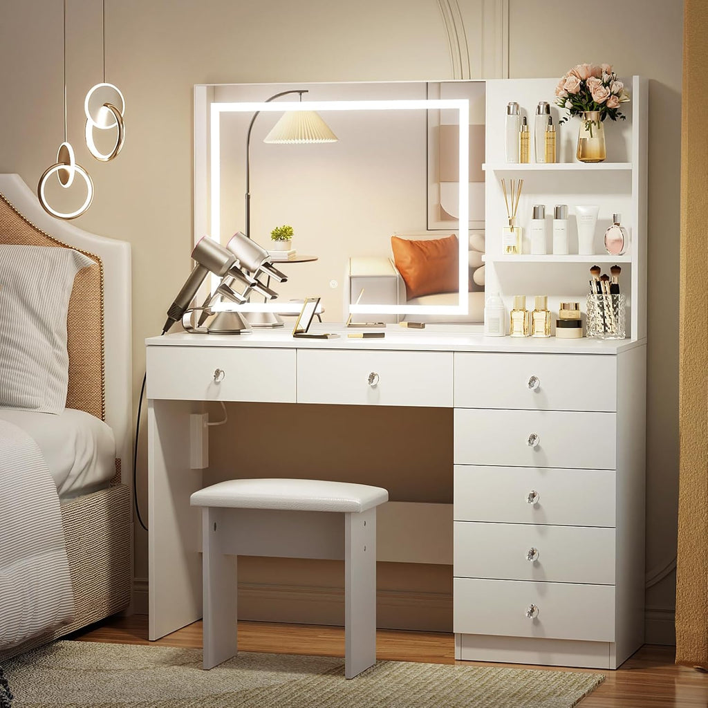 VOWNER Vanity with Lighted Mirror - 47" Makeup Vanity Desk with 7 Drawers, 3 Storage Shelves and Outlet, 3 Color Lighting Modes with Adjustable Brightness, Makeup Desk with Stool for Bedroom (White)