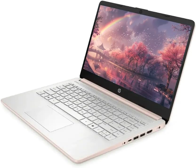 HP 14" Business Laptop Computer with Microsoft Office 365  4-Core Intel Processor  128GB UFS + 1TB Cloud Storage  8GB RAM  Windows 11  SageNova Earphones  Pale Rose Gold