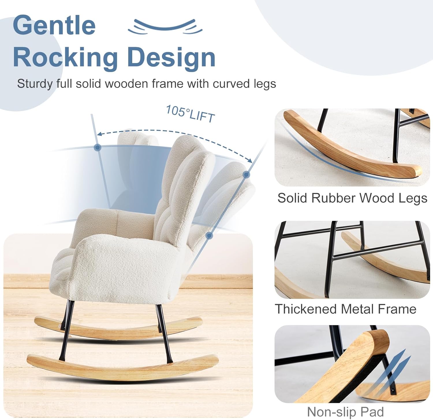 DUMOS Rocking Chair with Wing Backrest, Teddy Upholstered Indoor Reading Glider Chair with Comfy Seat for Bedroom, Living Room, Office, White