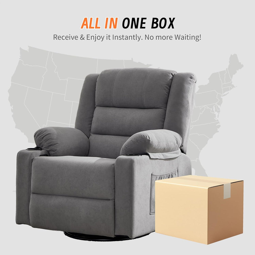 360°Swivel Rocker Recliner Chair for Adults,Manual Glider Recliner Sofa with Massage and Heating, Nursery Rocking Chairs with Cup Holds for Living Room Bedroom (Grey)