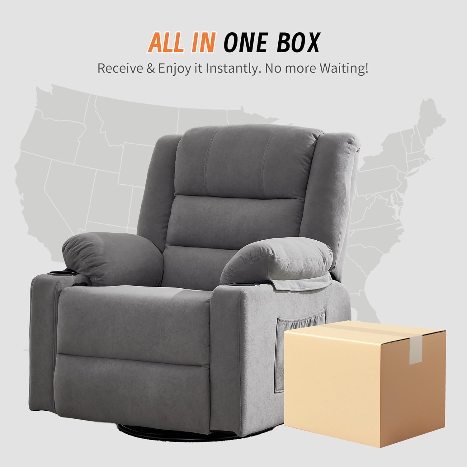 360°Swivel Rocker Recliner Chair for Adults,Manual Glider Recliner Sofa with Massage and Heating, Nursery Rocking Chairs with Cup Holds for Living Room Bedroom (Grey)