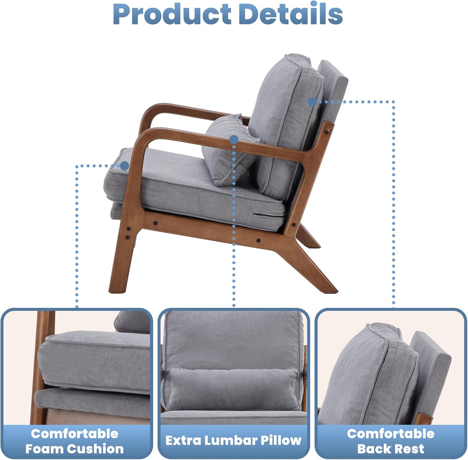 DUMOS Mid Century Accent Chair, Modern Living Room Chair with Arms and Waist Cushion, Reading Chairs for Adults, Lounge Chair for Bedroom, Solid Wooden Frame,Classic Grey