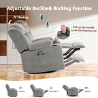 Rocker Swivel Recliner Chair for Adults, Overstuffed Large Manual Recliner Glider with Massage and Heat, Comfy Soft Fabric Living Room Reclining Sofa Chair (Lime Gray)
