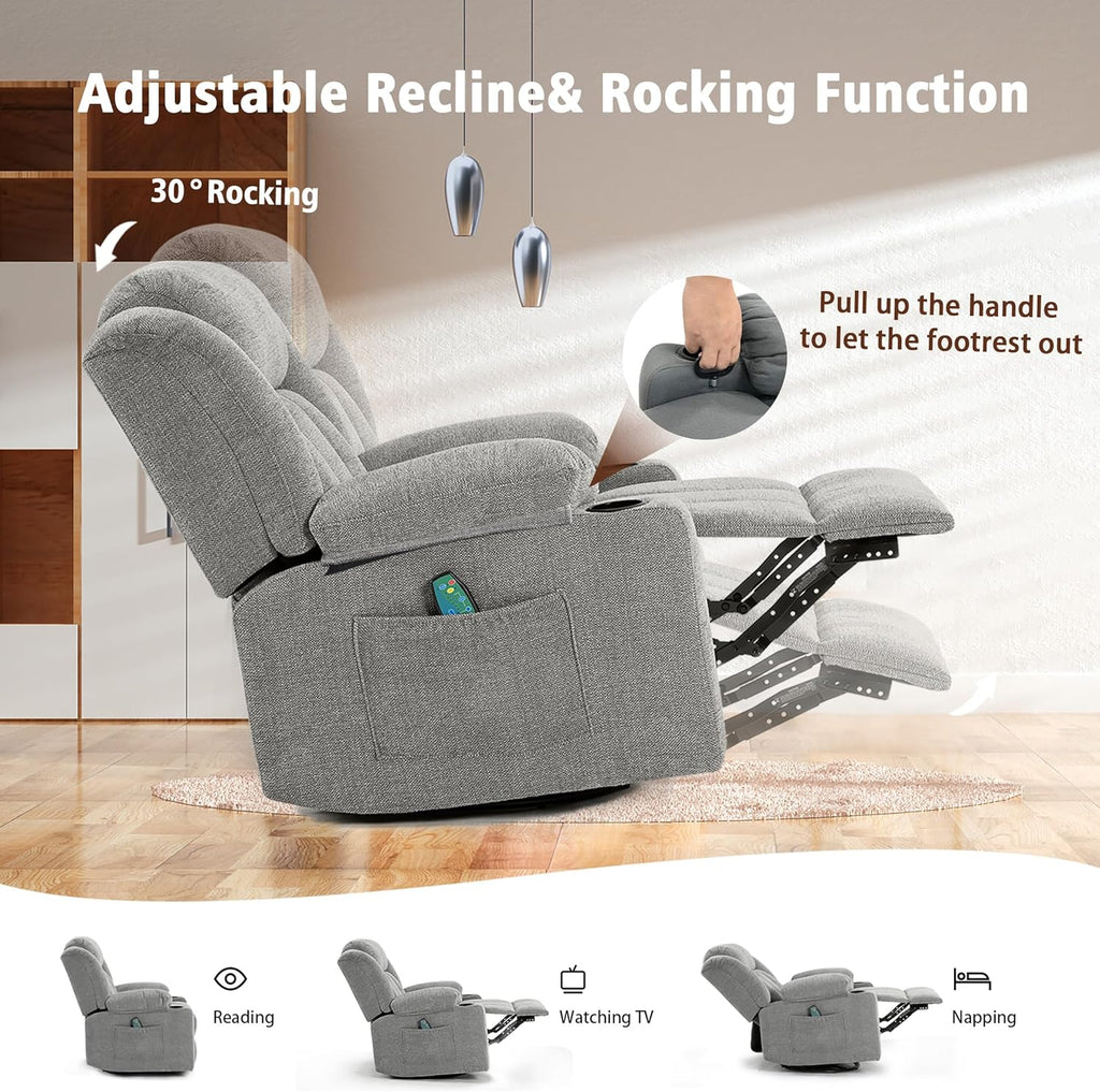 Rocker Swivel Recliner Chair for Adults, Overstuffed Large Manual Recliner Glider with Massage and Heat, Comfy Soft Fabric Living Room Reclining Sofa Chair (Lime Gray)