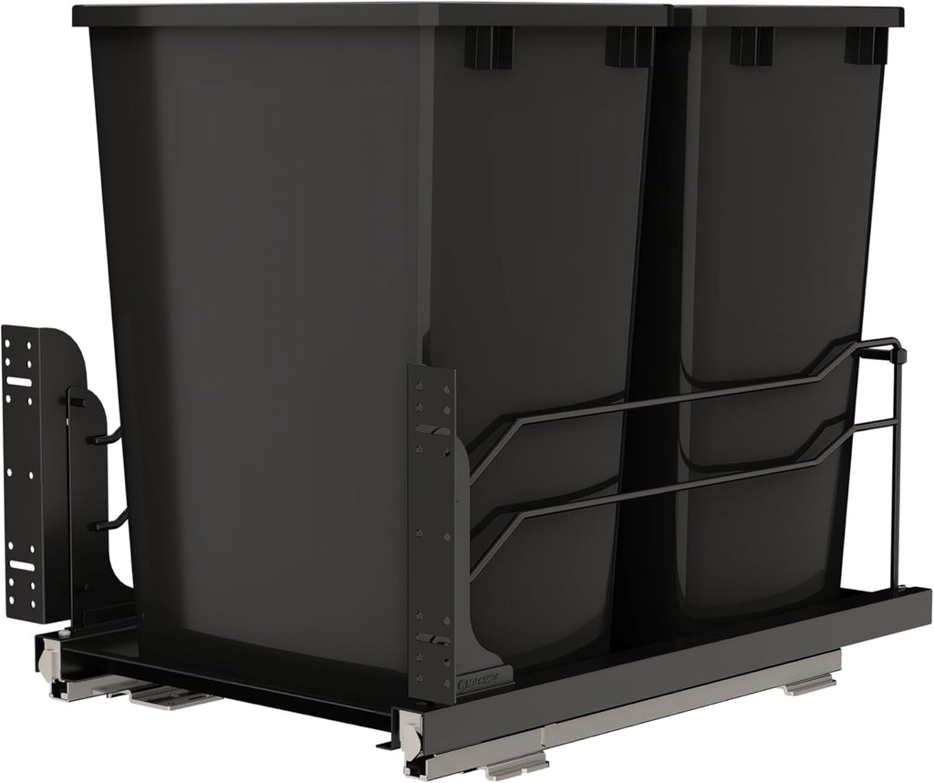 Rev-A-Shelf Steel Double Pullout Waste Container with Soft-Close, 35 Quart, Black - Sliding Garbage Bin System with Dual Trash Can for 18" Home Kitchen Base Cabinet, 53WC-1835SCDM-218