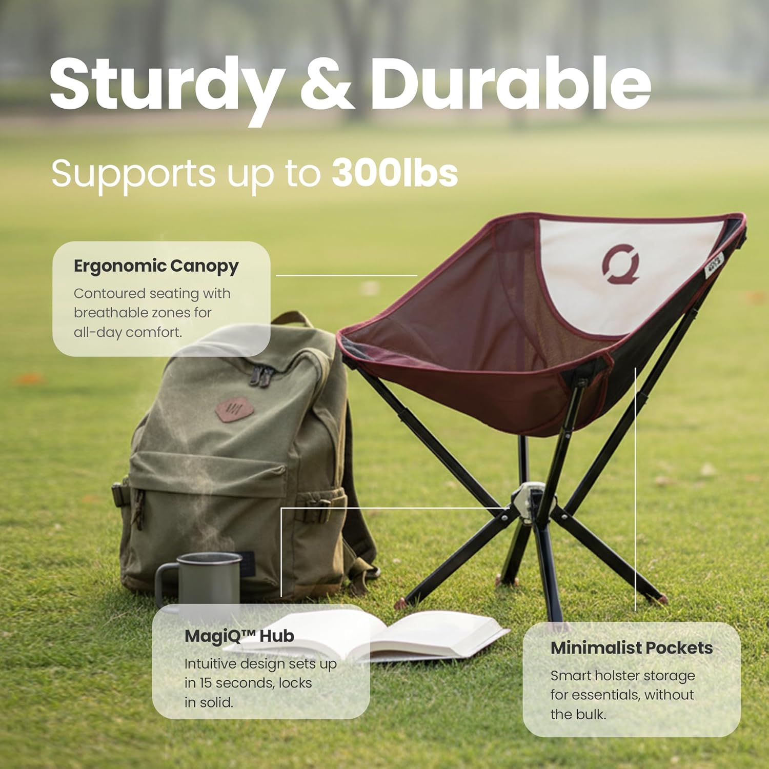 CLIQ ClassiQ 2.0 Camping Chair with Carry Bag - Portable Folding Chair & Bag for Outdoors - Reinforced 400 lb Capacity - Quick-Setup Travel Chair for Camping, Beach & Hiking - Brick