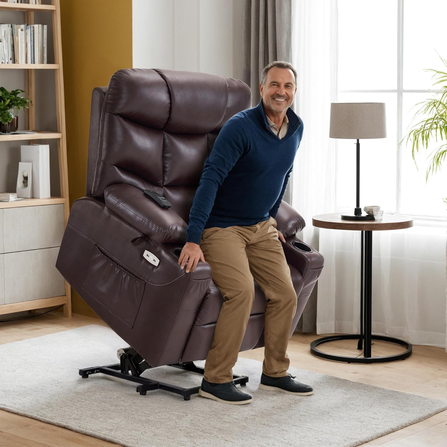 MCombo Power Lift Recliner Chair with Extended Footrest for Elderly People, Faux Leather 7287 (Dark Brown, Medium)