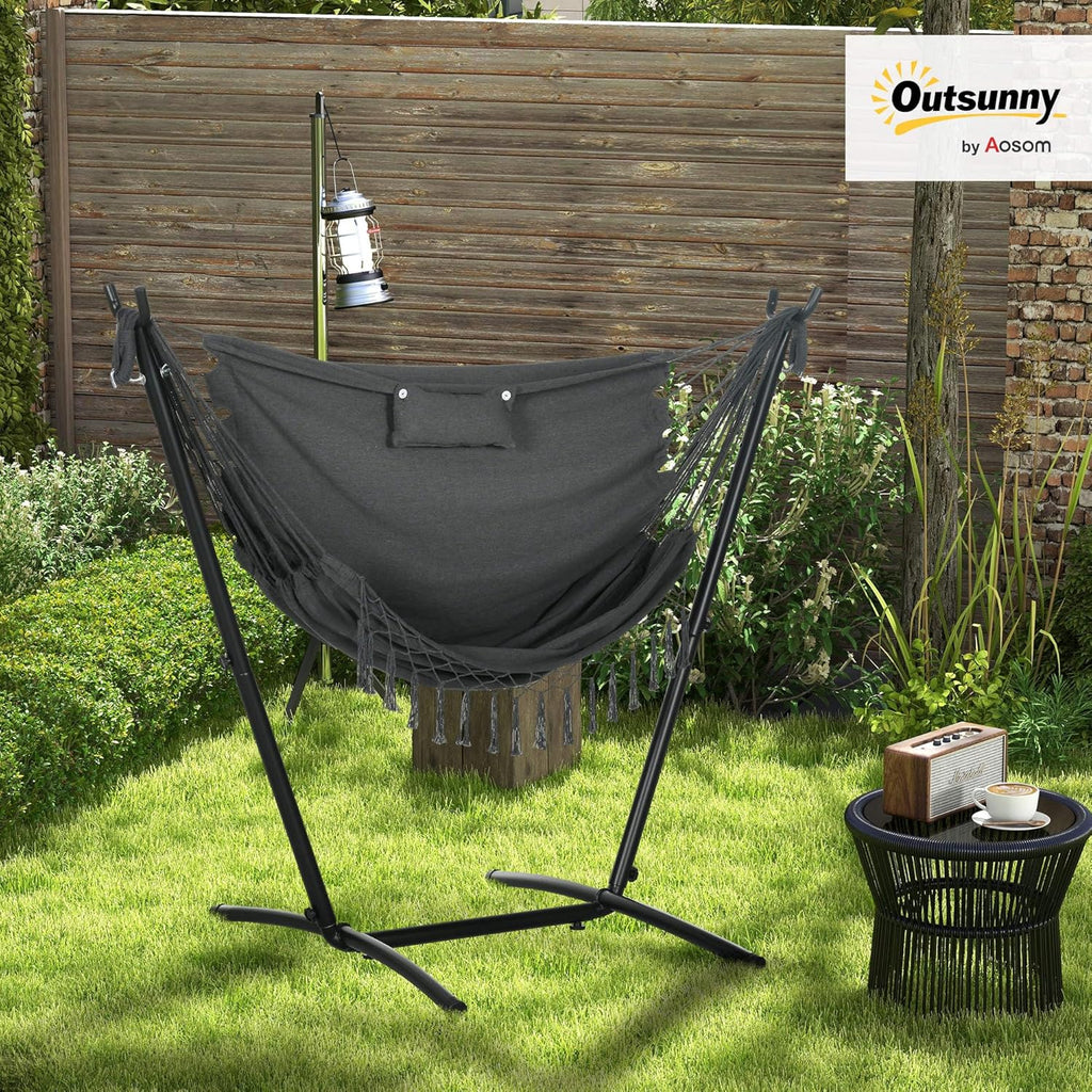 Outsunny Patio Hammock Chair with Stand, Outdoor Hammock Swing Hanging Lounge Chair with Side Pocket and Headrest, Dark Gray