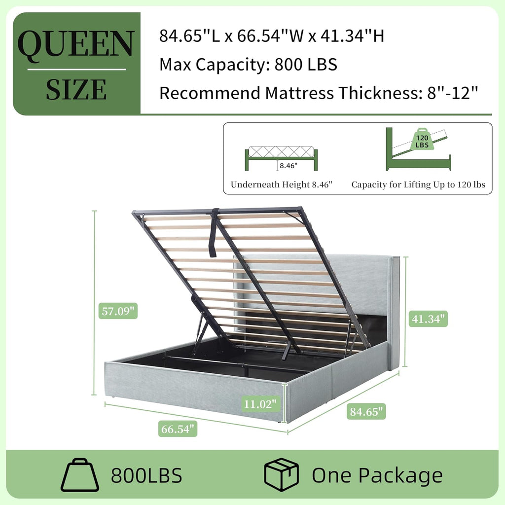 Queen Lift Up Storage Bed, Bed Frame with Storage, Corduroy Upholstered Platform Bed with Wingback Headboard, Hydraulic Support, Wooden Slats, No Box Spring Needed, Easy Assembly, Light Blue