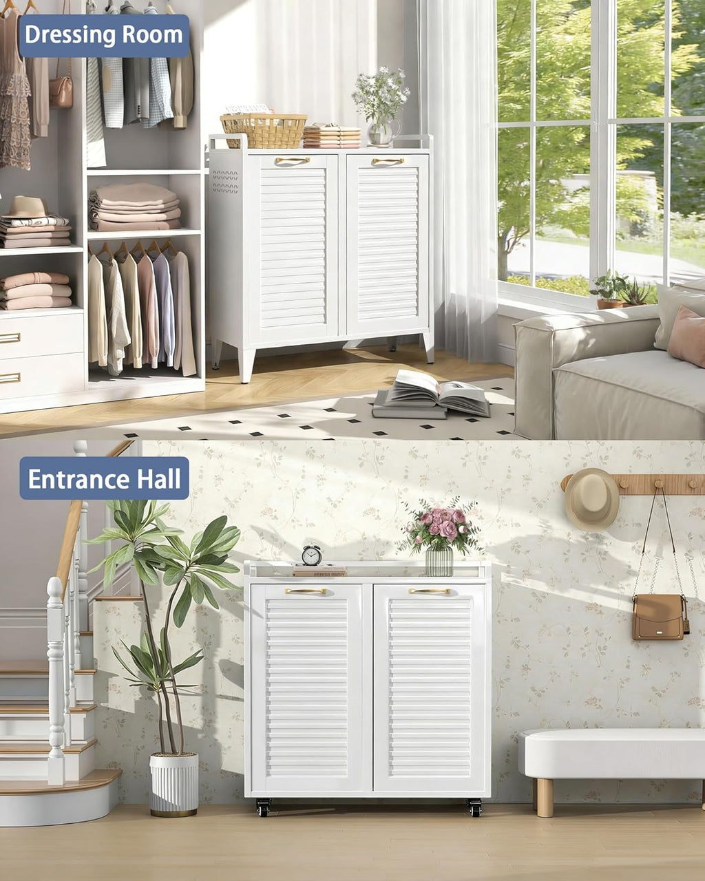 Double Tilt Out Laundry Hamper Cabinet, Locking Caster Metal Frame, Waterproof Rustproof Iron, Space-Saving Hidden Hamper, 33Gal 2-Compartment, Tilt Out Trash Can for Bathroom Family Use
