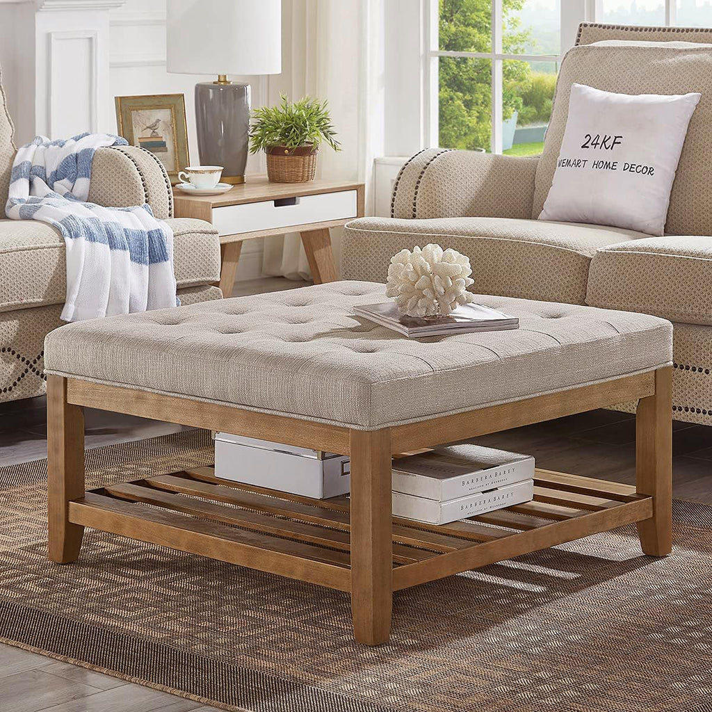 24KF Large Square Upholstered Tufted Linen Ottoman Coffee Table, Large Footrest Ottoman with Solid Wood Shelf-Linen
