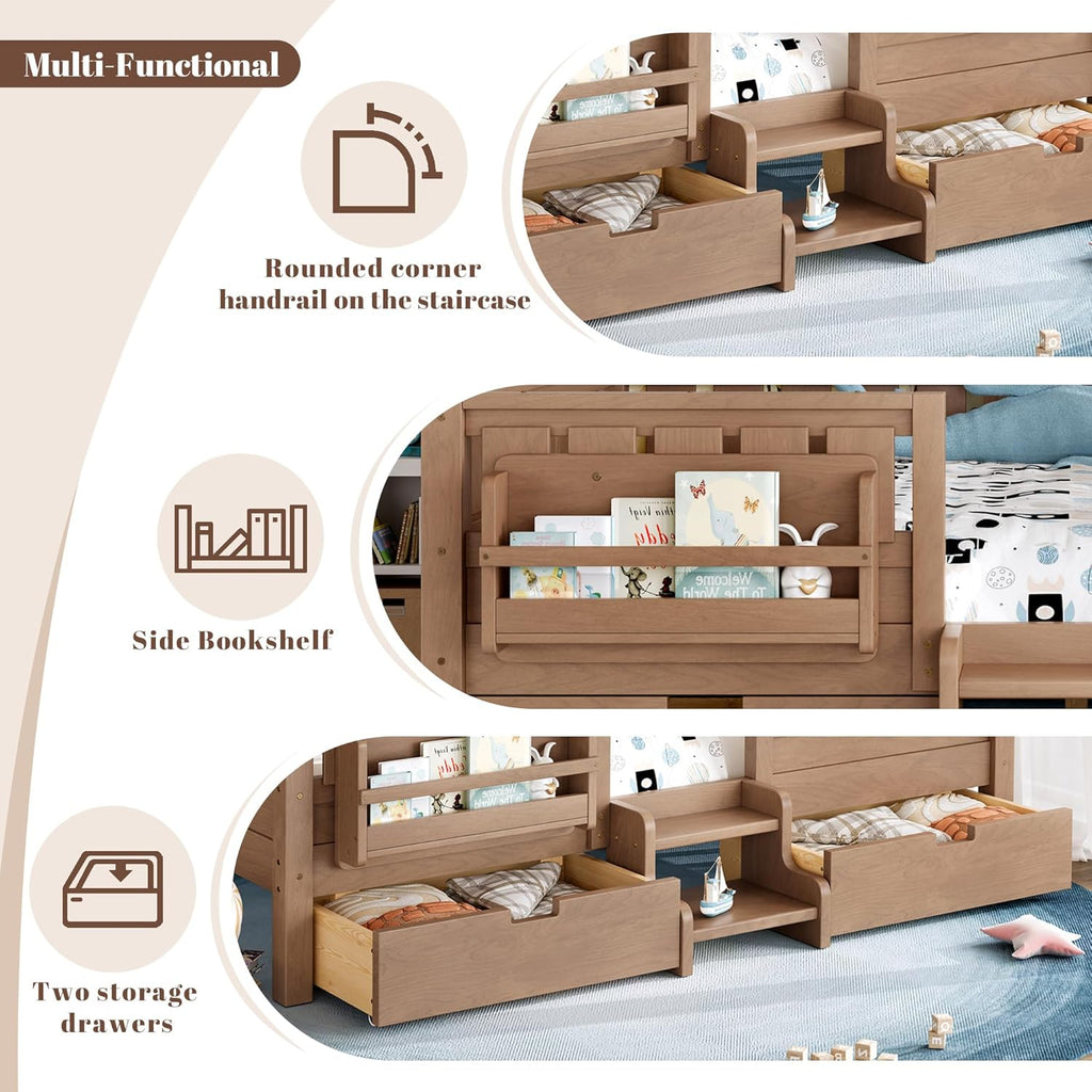 Bellemave Full Size Kids Montessori Bed with Stairs and Bookshelf,Solid Wood Full Size Kids Bed Frame with 2 Storage Drawers for Kids Girls Boys,Low-Profile,Natural