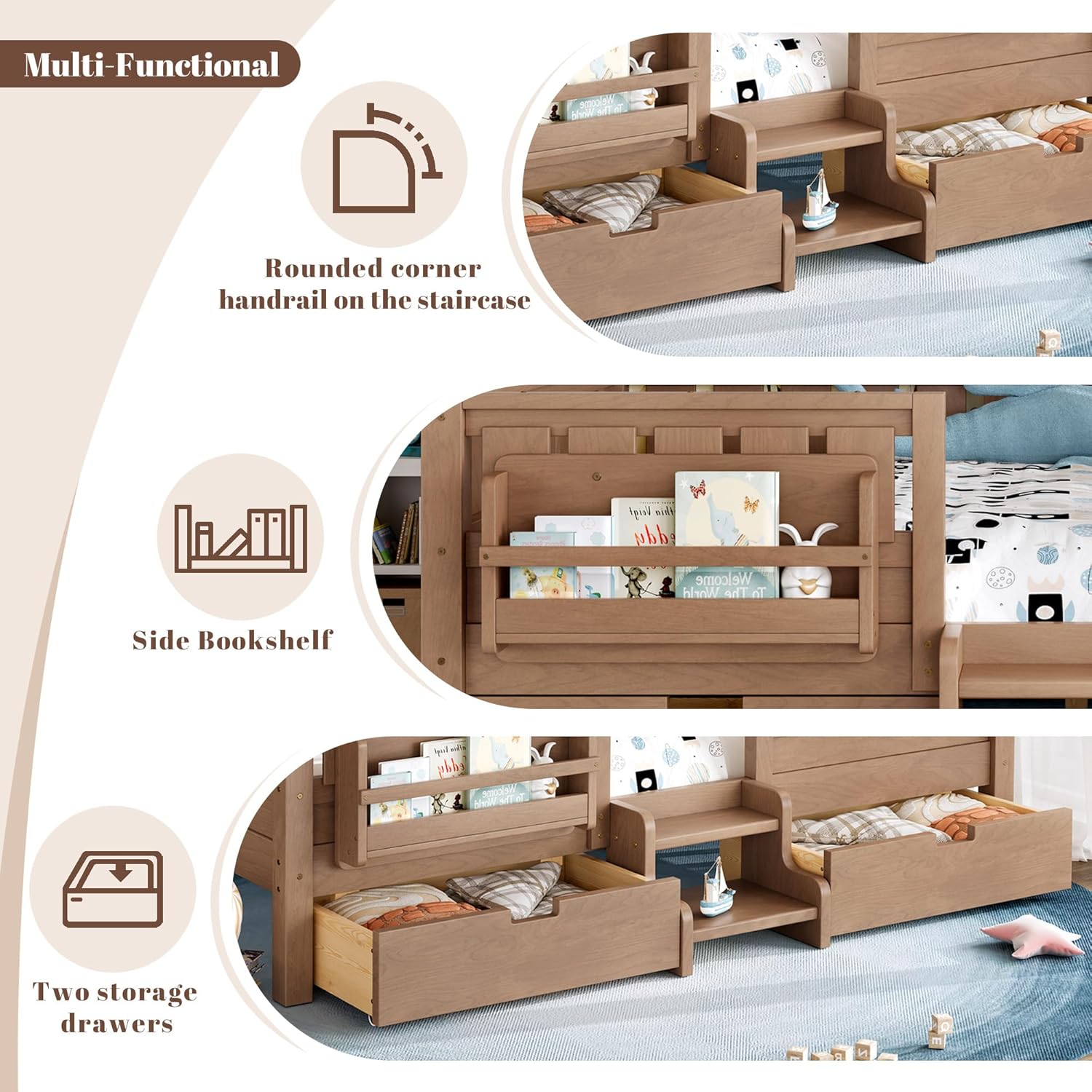 Bellemave Full Size Kids Montessori Bed with Stairs and Bookshelf,Solid Wood Full Size Kids Bed Frame with 2 Storage Drawers for Kids Girls Boys,Low-Profile,Natural