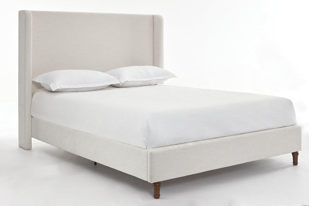 Queen 54" Tall Headboard Wingback Upholstered Platform Bed Frame Elegant Simplicity Textured Canvas for Bedroom Strong Wood Slats Support No Box Spring Needed Easy Assembly No Noise Ivory