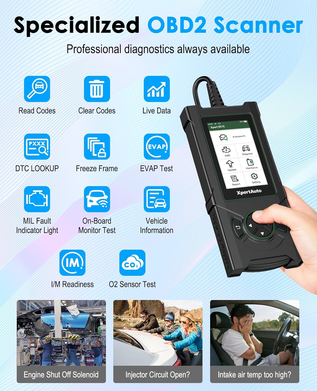 OBD2 Scanner S515 ABS SRS ECM TCM,Car Code Reader, Diagnostic Scan Tool with Reset for ABS/SRS/Oil/EPB/SAS/ETS/Battery/DPF/, Universal for All OBD II/EOBD Protocol Cars After 1996
