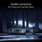 ASUS RT-BE96U BE19000 802.11BE Tri-Band Performance WiFi 7 Extendable Router with 6GHz Support  Dual 10G Port  320Mhz  Lifetime Internet Security  MLO  Multi-RU Puncturing  AiMesh Support