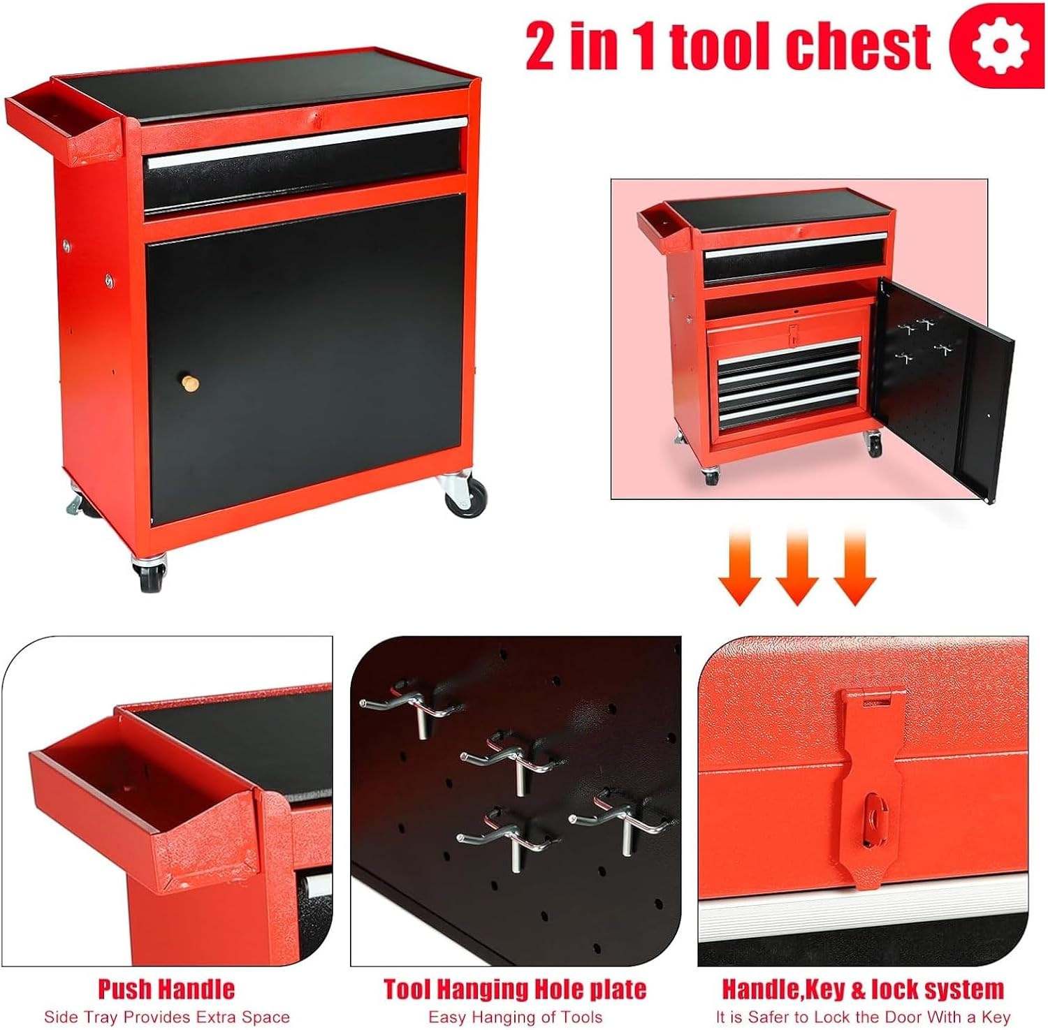 5-Drawer Rolling Tool Chest, 2 in 1 Tool Storage Cabinet with Detachable Top, Steel Tool Box with Wheels, Red and Black, Lockable, for Garage Workshop