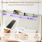 King Size Bed Frame with Tall Headboard, 55.3" Upholstered Platform King Bed Frame, Elegant Corduroy Wingback Bed with LED Lights & Charging Station, No Box Spring Needed, Solid Wood Slats, Cream
