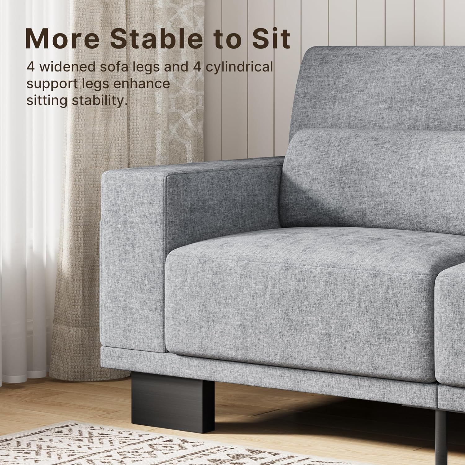 Gizoon 3-Seater Chenille Couch, 89 Inch Modern Comfy Sofa with Wide Armrests & Deep Cushions, for Living Room, Bedroom and Apartment, Grey