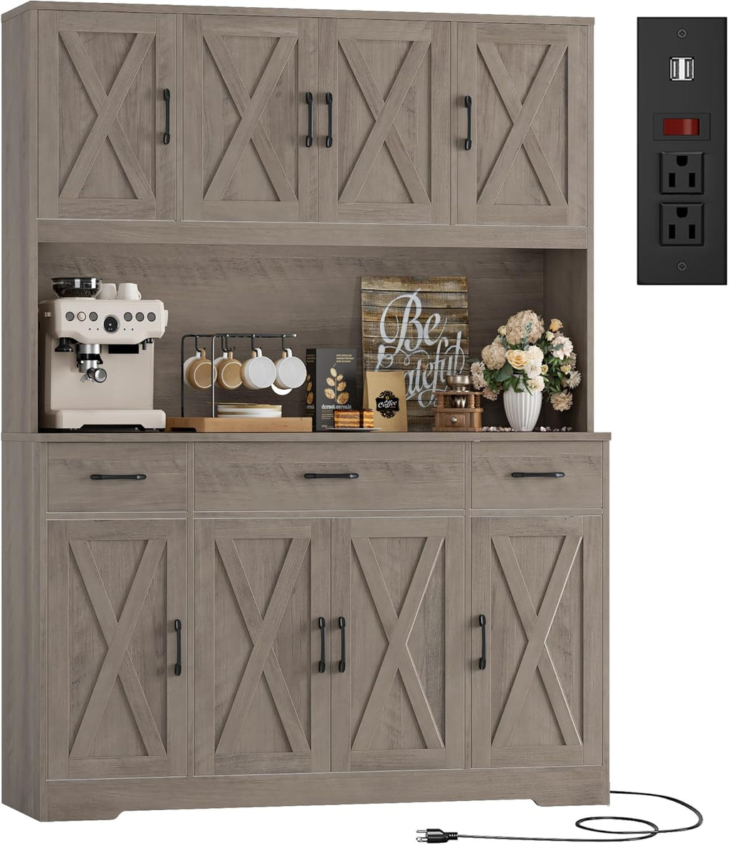 HOSTACK 71" Tall Pantry Cabinet with Charging Station, 55" Wide Kitchen Pantry Storage Cabinet with Countertop, Large Kitchen Hutch with Storage Drawers and Microwave Stand for Dining Room, Ash Grey