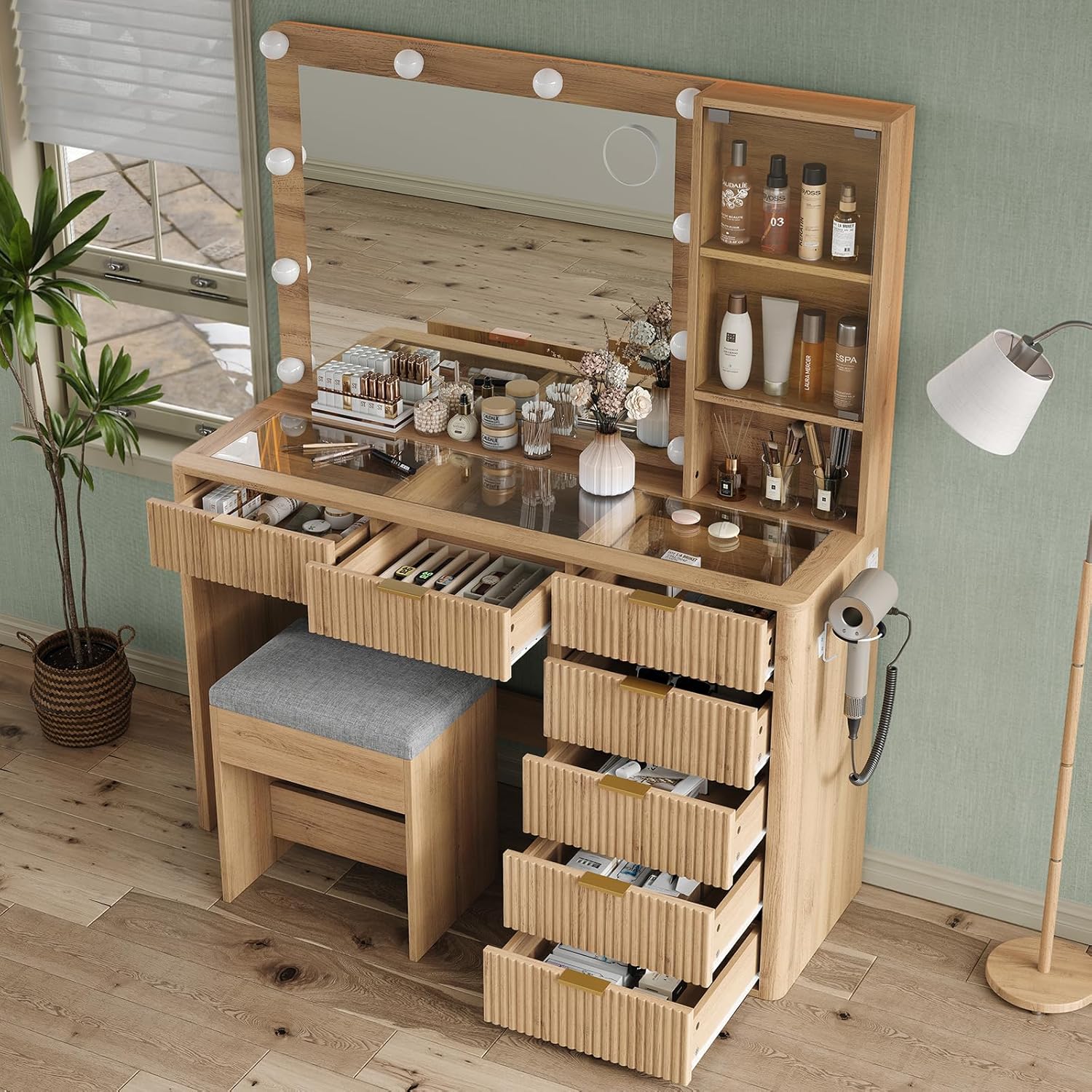 47" Fluted Vanity Desk with Mirror & LED Lights, 7-Drawer Makeup Vanity with Glass Top & Cabinet, Vanity with Chair & Charging Station, 3 Lighting Modes, for Bedroom, Natural Oak