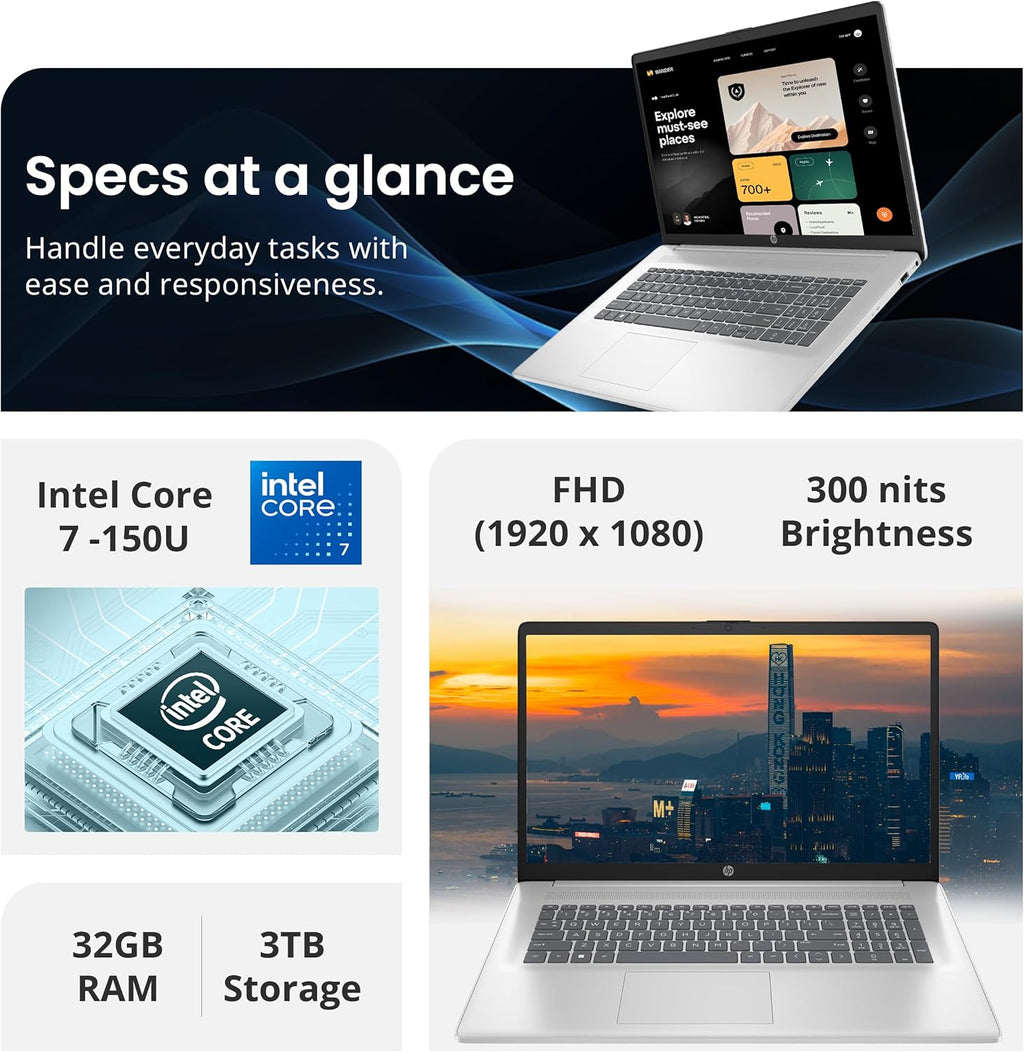 HP 17.3" FHD IPS Anti-Glare Laptop  Intel 7-150U  32GB RAM  3TB Storage (2TB SSD & 1TB Docking Station Set)  Intel Graphics  Num Pad  Wi-Fi 6  1080p Webcam  Fast Charge  Windows 11 Home  Silver