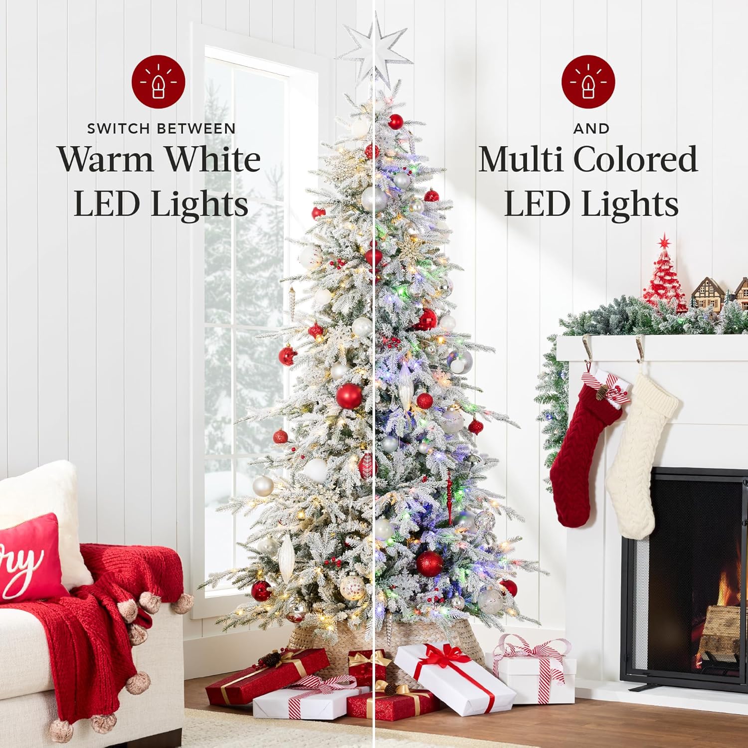 Best Choice Products Lighted Aspen Christmas Tree, 6ft Flocked Artifical Noble Fir, Pre-Lit White & Multicolored LED Lights Premium Holiday Décor - Green