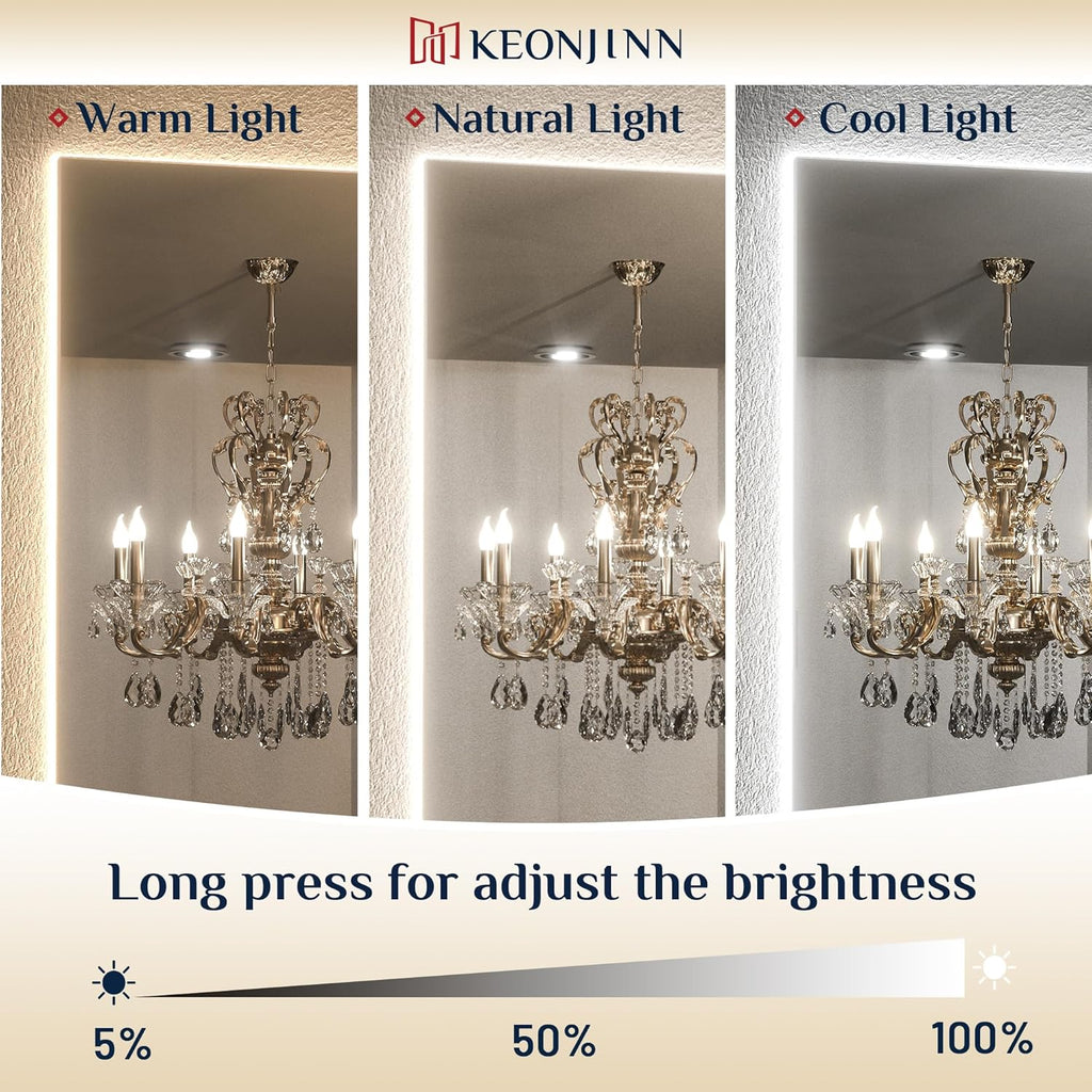 Keonjinn 60" x 36: Lighted Bathroom Mirror, Large LED Backlit Miroor, 3 Colors Lights Warm/Natural/White, HD Tempered Glass, Safe Anti-Fog, Dimmable, Oversinzed LED Bathroom Mirrors