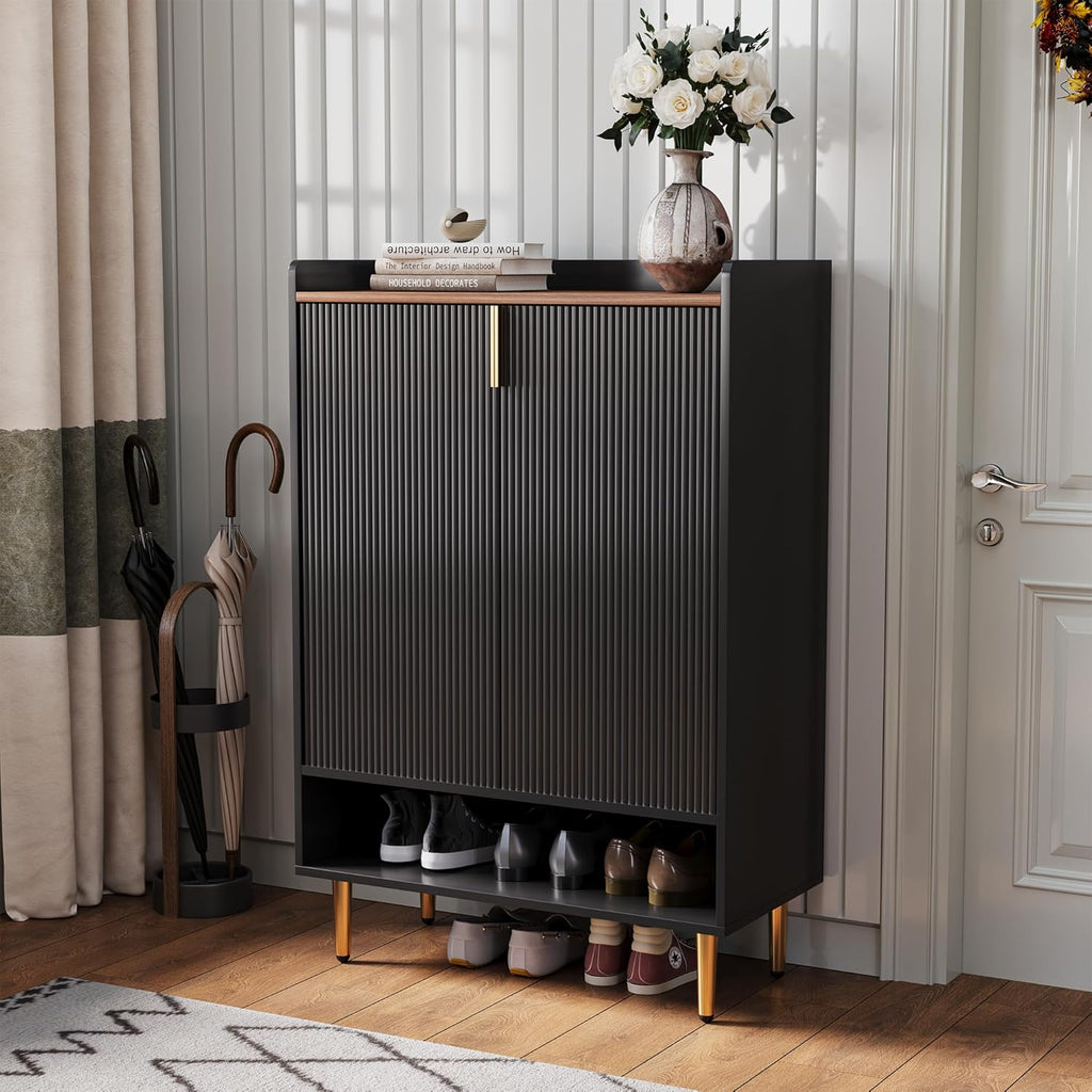 Modern Shoe Storage Cabinet, 7-Tiers Black Shoes Cabinet with Fluted Doors, 45 inch Tall Wooden Shoe Organizer with 4 Adjustable Shelves, Storage Cabinet for Entryway, Hallway, Front Door