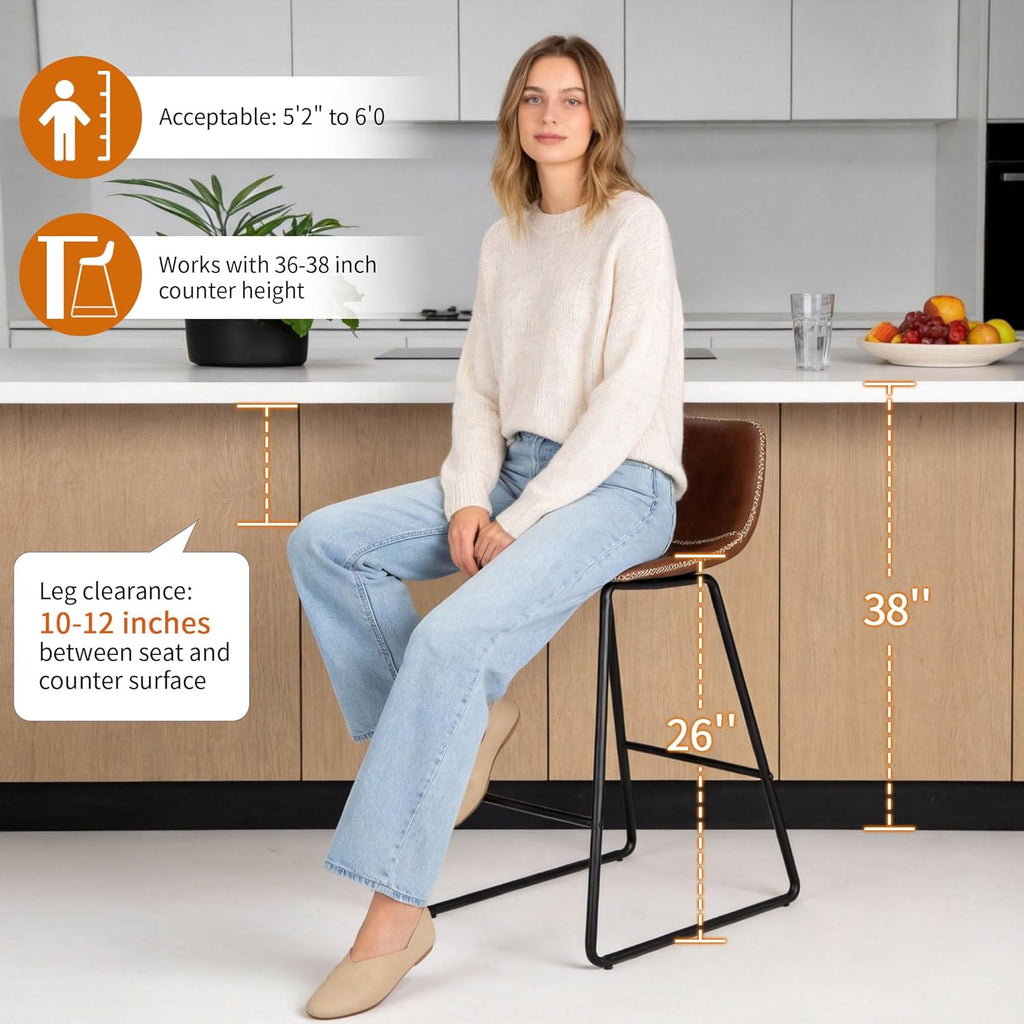 HeuGah Counter Height Bar Stools Set of 3, Brown Barstools with Back Support 26 Inch Faux Leather Bar Stools for Kitchen Island Counter Height Bar Chairs with Metal Legs