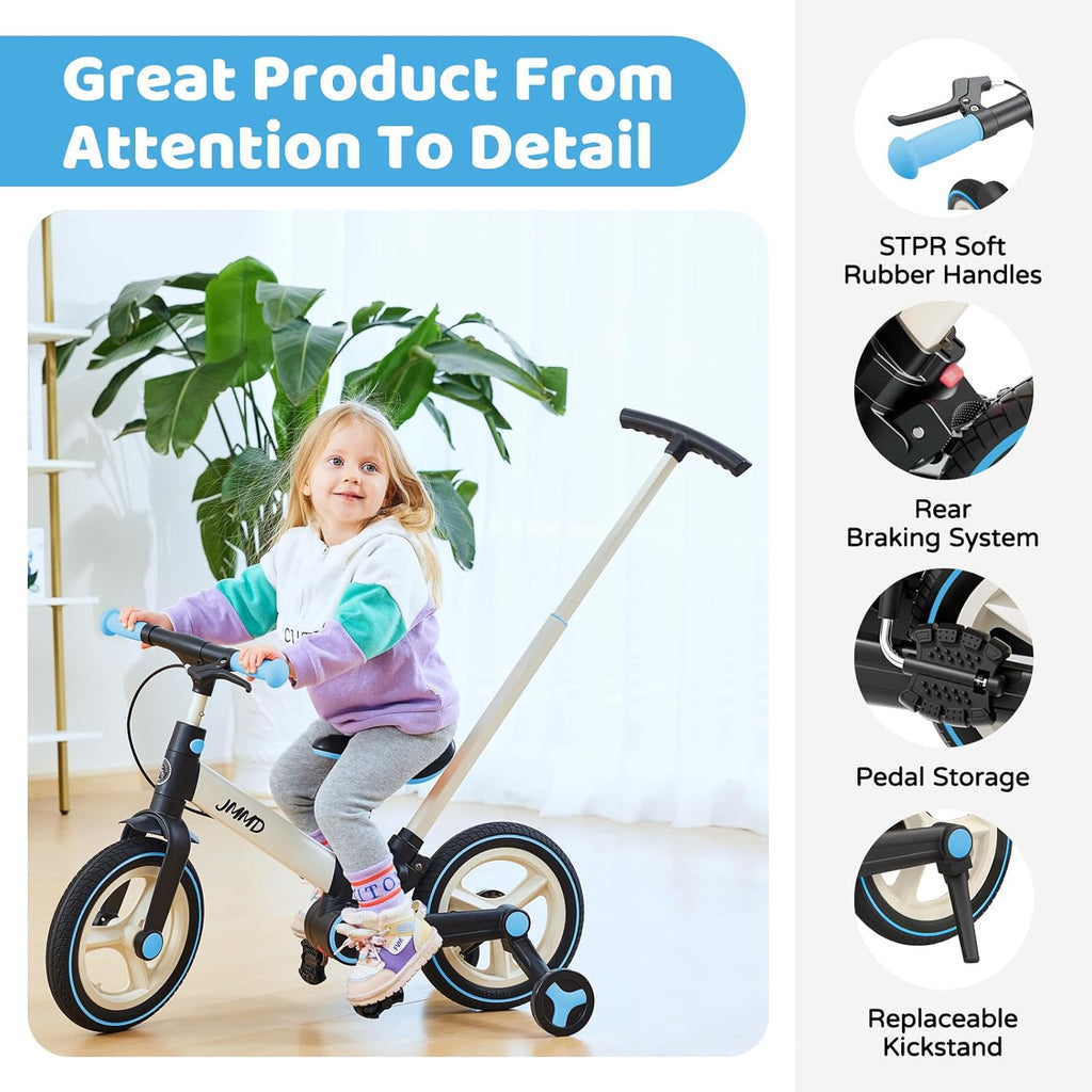 JMMD 6 in 1 Toddler Bike with Push Handle for Kids 18-60 Months, 12" Foldable Balance Bike with Training Wheels, Pedals, Brakes, Kickstand, Push Tricycle Toddler Gift & Toys for Boy & Girl