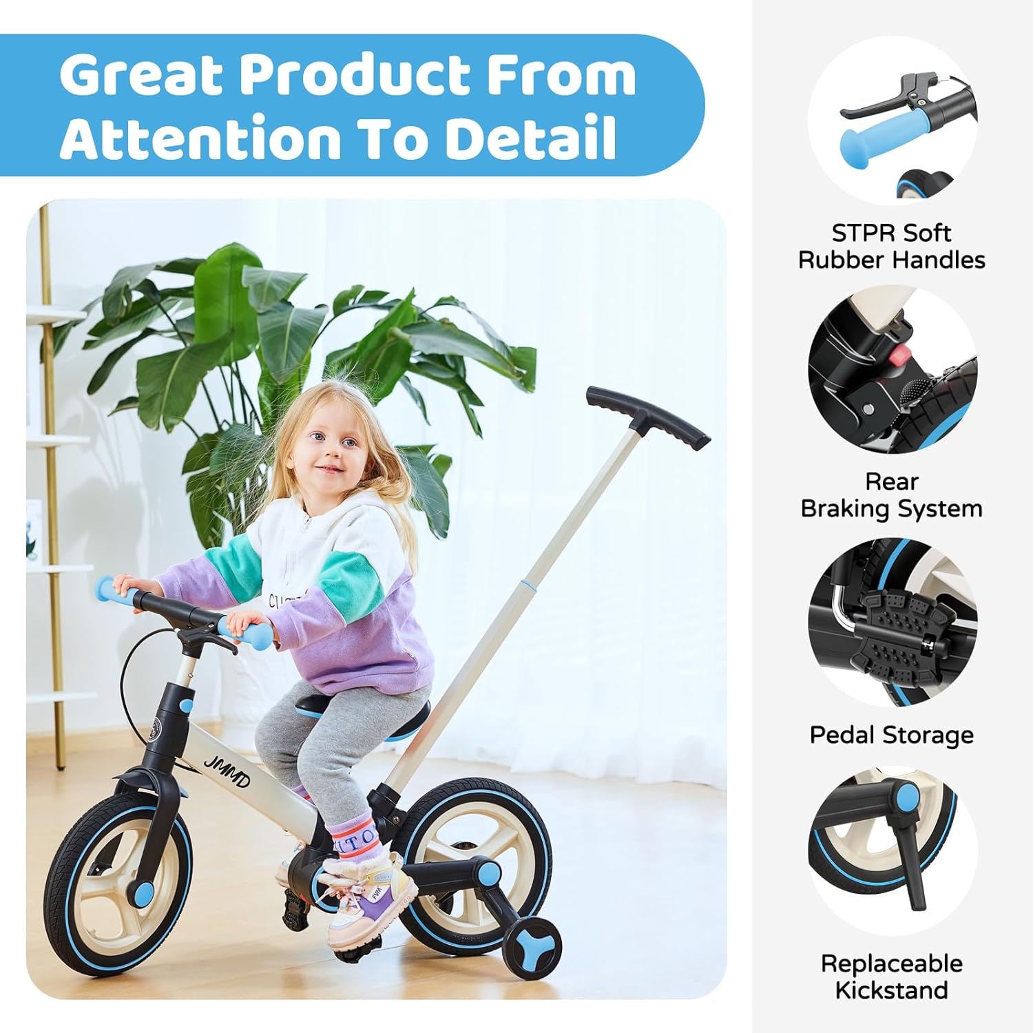 JMMD 6 in 1 Toddler Bike with Push Handle for Kids 18-60 Months, 12" Foldable Balance Bike with Training Wheels, Pedals, Brakes, Kickstand, Push Tricycle Toddler Gift & Toys for Boy & Girl
