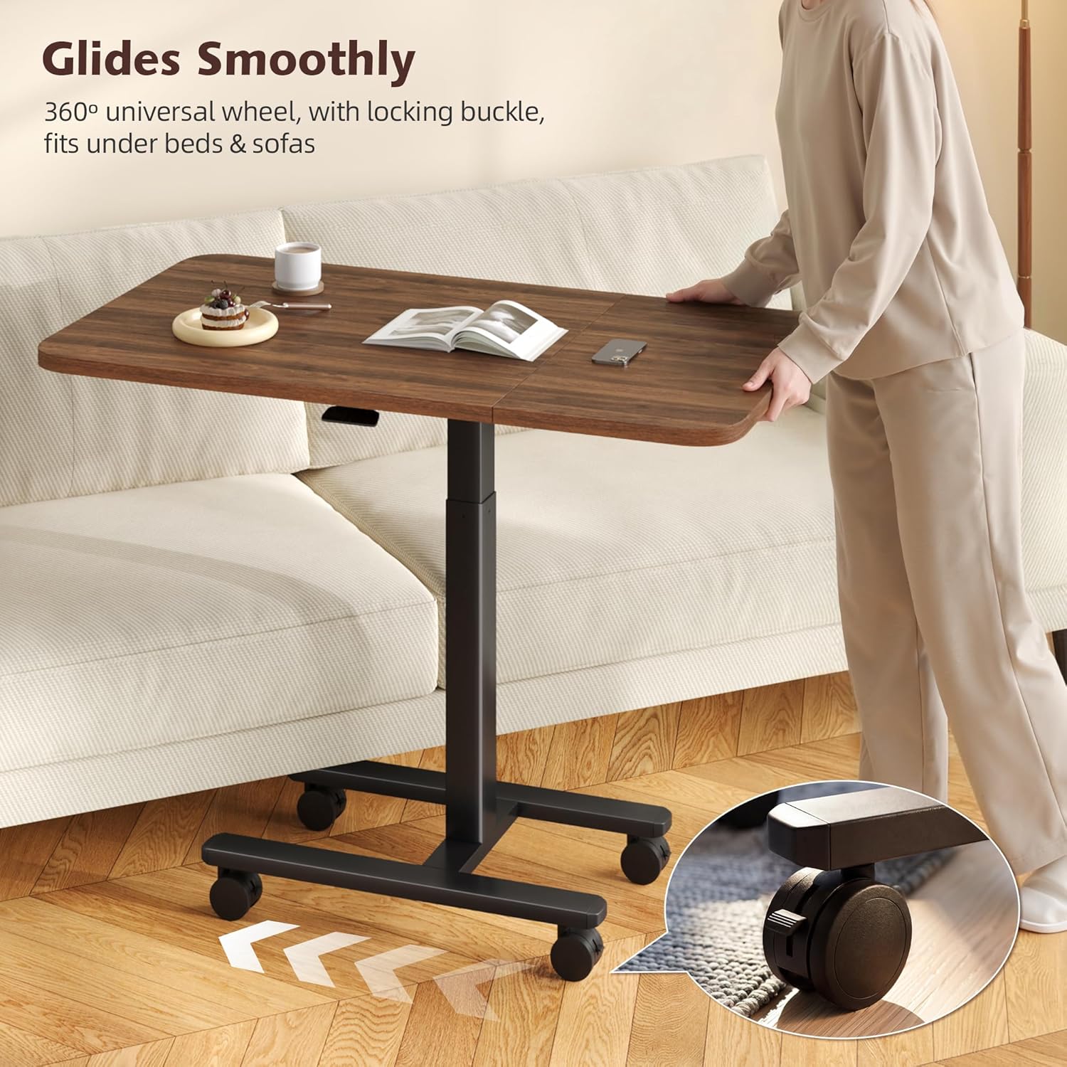 Homkdom C Shaped Table with Wheels, Side End Table with Extended Desktop, Adjustable Rolling Desk for Small Space, Dorm, Height Adjustment (29.5"-44"), Walnut Brown