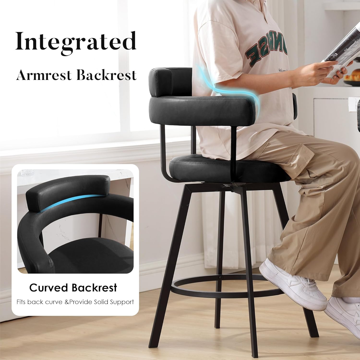 26'' Swivel Counter Height Stools with Round Back, Faux Leather Upholstered Bar Stools with Metal Legs, Armrest, Modern Counter Stools for Kitchen Island, Dining Room (Black, Set of 2)
