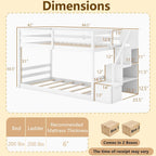 KOMFOTT Wood Twin Over Twin Low Bunk Bed with Storage Staircase, Wooden Bunk Bed Frame with Full-Length Guardrails, Low Profile Kids Bed with Slats Support, No Box Spring Needed (White)