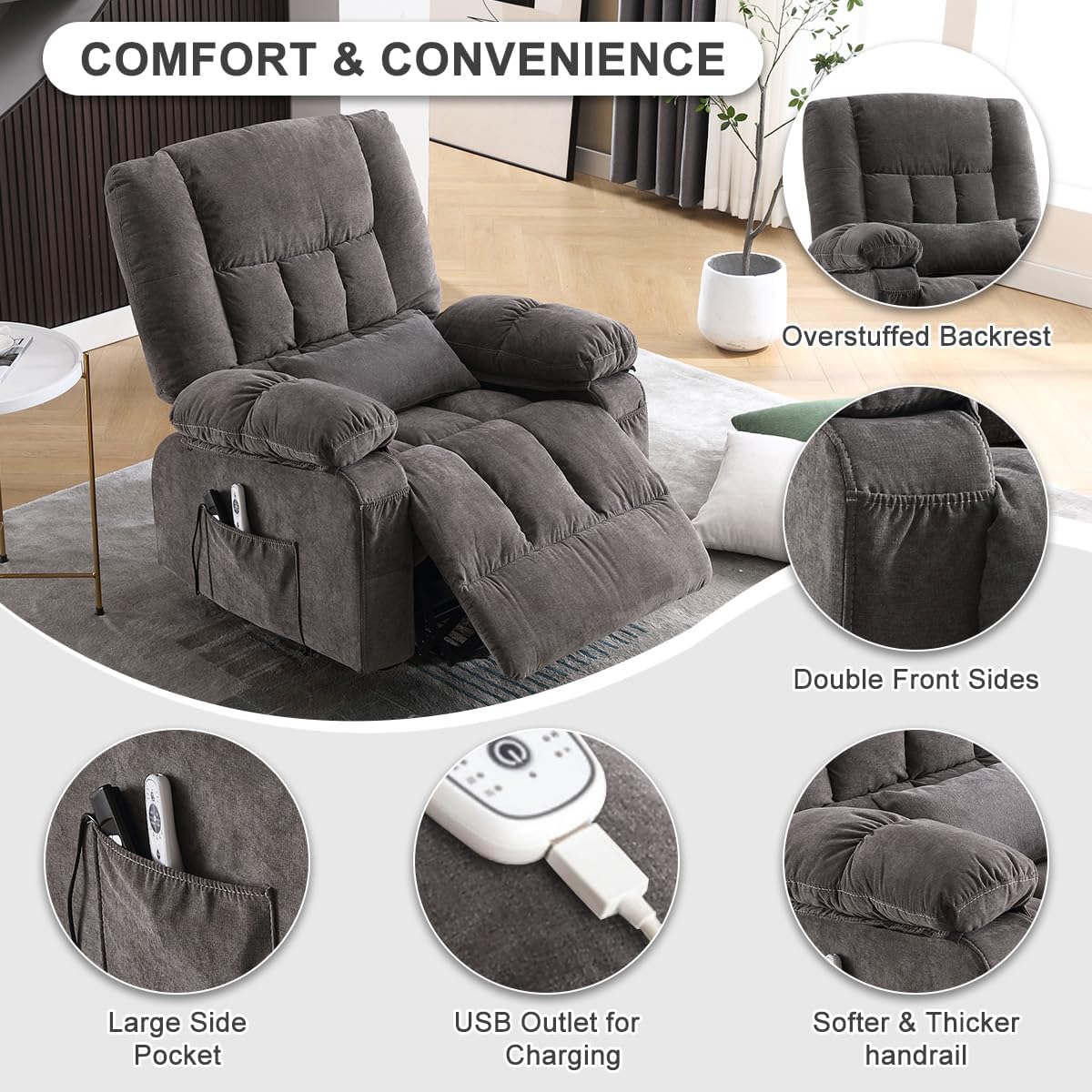 BOSMILLER Power Lift Recliner Chair with Massage and Heat for Elderly,Electric Recliner Single Sofa with Footrest,Side Pocket and USB Charge Port for Living Room