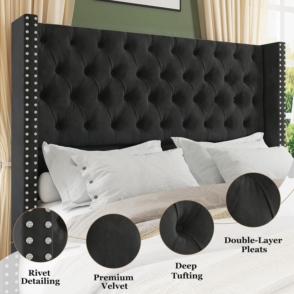 Jocisland Queen Size Bed Frame with 51.6” Wingback Tufted Velvet Headboard, Modern Upholstered Platform Bed, No Box Spring Needed, Easy Assembly, Black
