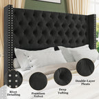 Jocisland Queen Size Bed Frame with 51.6” Wingback Tufted Velvet Headboard, Modern Upholstered Platform Bed, No Box Spring Needed, Easy Assembly, Black