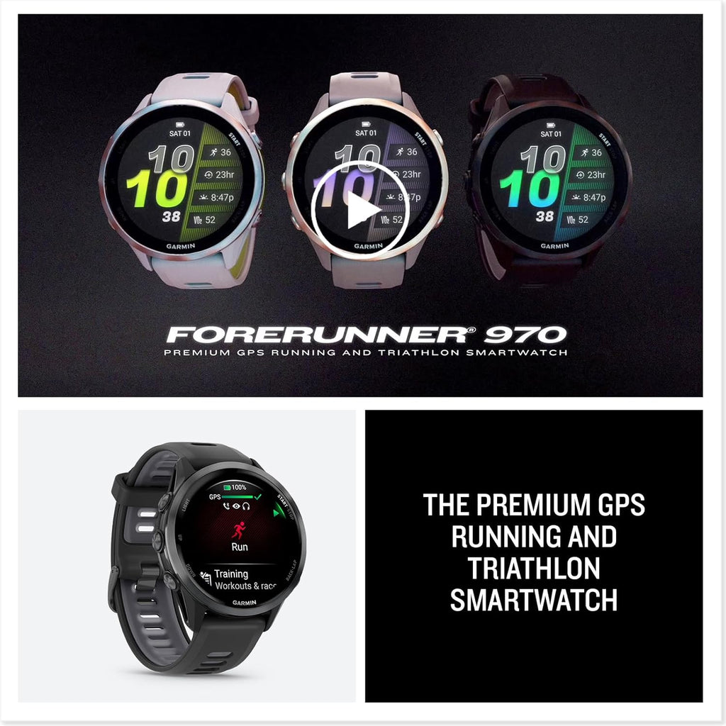 Garmin® Forerunner® 970  Premium GPS Running and Triathlon Smartwatch  AMOLED Display  Built-in LED Flashlight  Carbon Gray DLC Titanium with Black Case and Translucent Whitestone Band