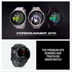 Garmin® Forerunner® 970  Premium GPS Running and Triathlon Smartwatch  AMOLED Display  Built-in LED Flashlight  Carbon Gray DLC Titanium with Black Case and Translucent Whitestone Band