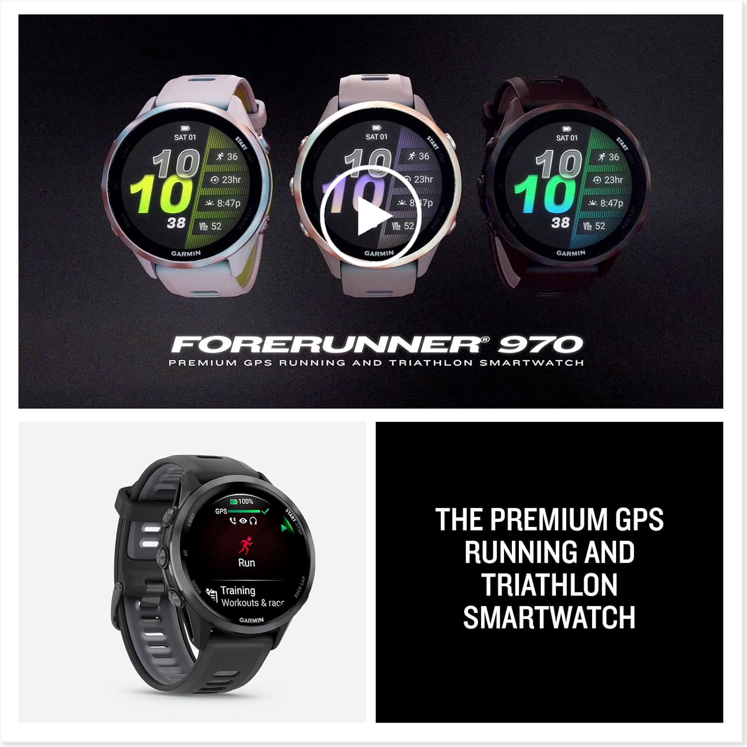 Garmin® Forerunner® 970  Premium GPS Running and Triathlon Smartwatch  AMOLED Display  Built-in LED Flashlight  Carbon Gray DLC Titanium with Black Case and Translucent Whitestone Band