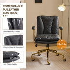 VINGLI Home Office Desk Chair Comfy with Wheels & Removable Armrests,Gold Base Vanity Chair with Back, Adjustable Rolling Swivel Computer Task Chair for Study,Makeup,Office,Bedroom,PU Leather,Black