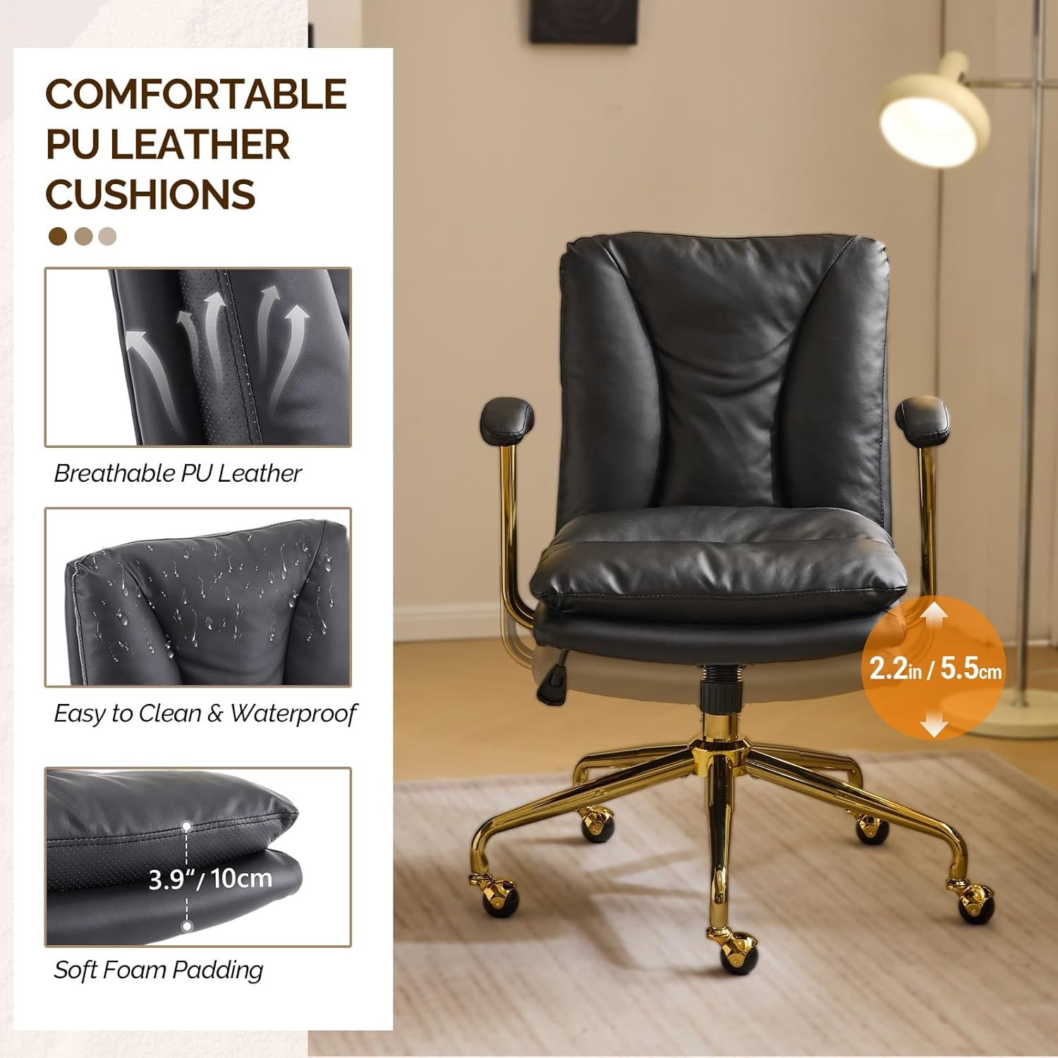 VINGLI Home Office Desk Chair Comfy with Wheels & Removable Armrests,Gold Base Vanity Chair with Back, Adjustable Rolling Swivel Computer Task Chair for Study,Makeup,Office,Bedroom,PU Leather,Black