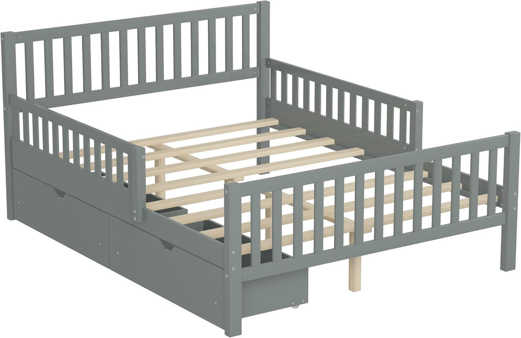 Merax Full Bed Frame with Storage Drawers and Safety Guardrails on Both Sides, Wood Platform Bed & Headboard and Footboard for Kids, Boys, Gilrls, Solid Slats Support, No Box Spring Needed, Gray